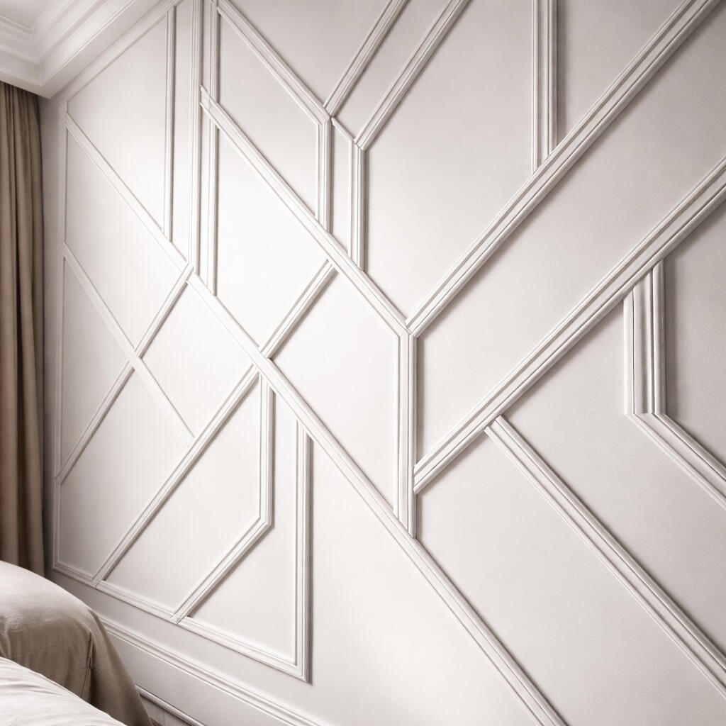Geometric accent wall with 3D trim and painted finish