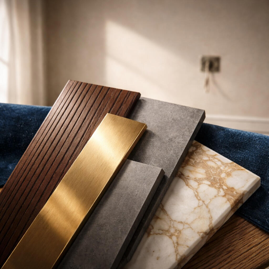 Luxury material samples for accent wall design with wood marble and brass