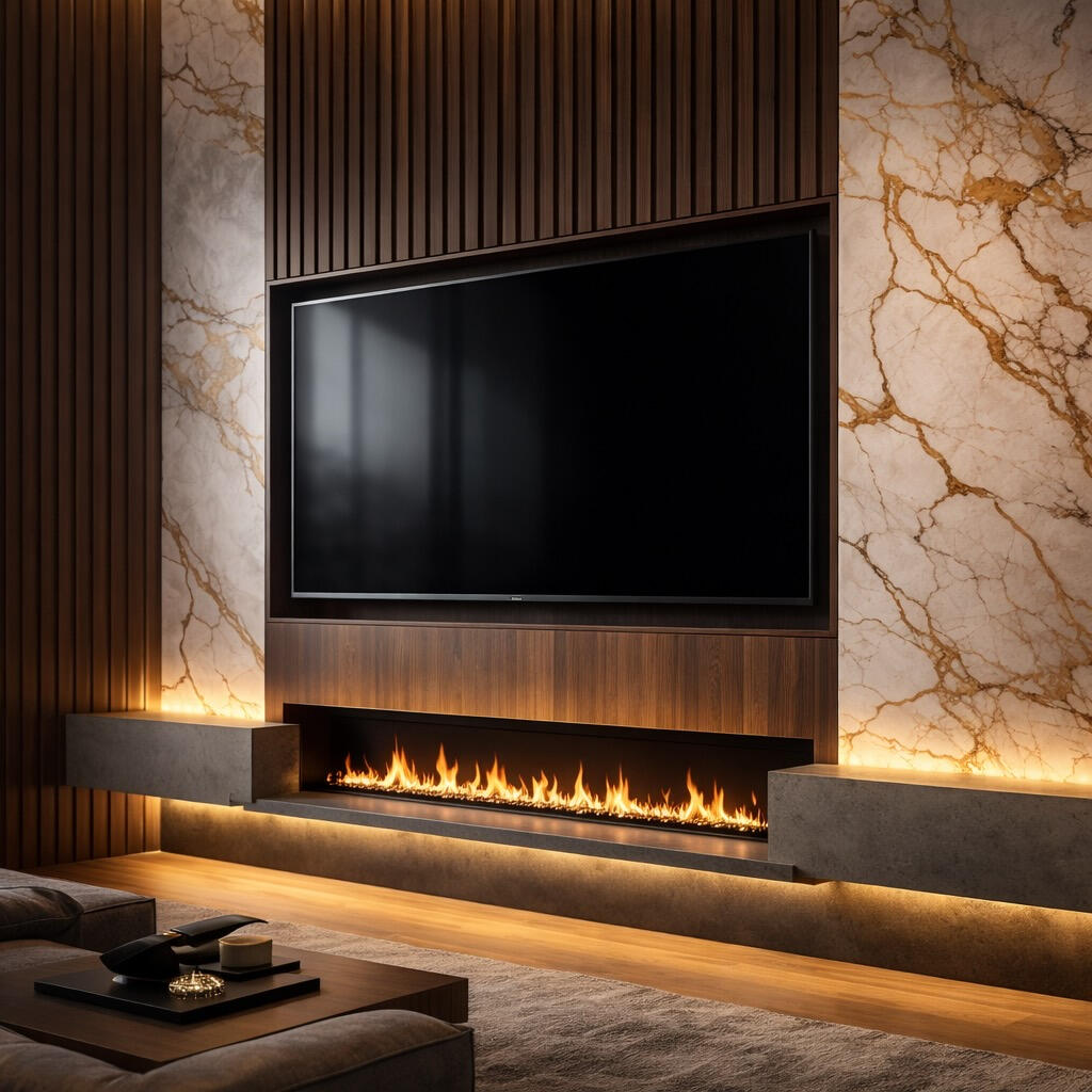 Custom TV media wall with walnut slats marble panels and fireplace