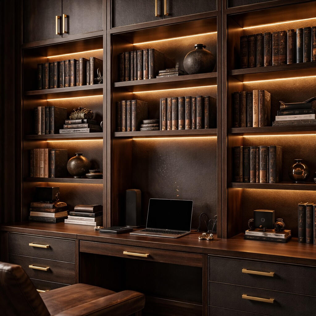 Custom built-in library shelving with dark wood and integrated lighting