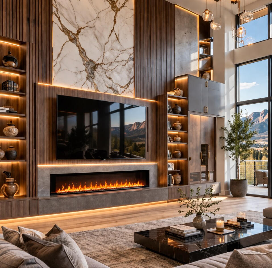 Luxury media wall in Denver great room with fireplace and mountain view